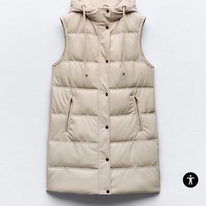 ZARA Quilted faux leather longline high collar vest with adjustable hood!